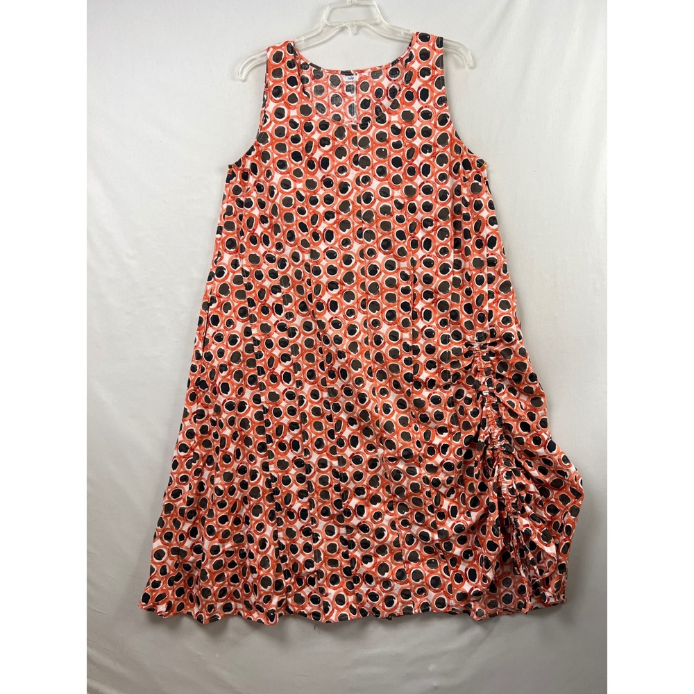 Tulip Sleeveless Midi Dress Womens Large Orange Black Cotton Lagenlook Ruched